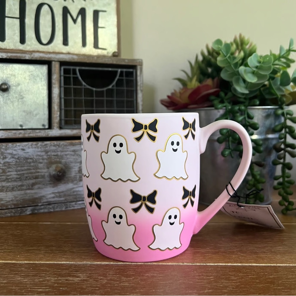 New Ceramic Halloween Pink Ghost mug with Black Bows